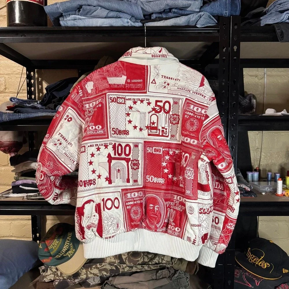 VINTAGE 90s Giovanni Leather AOP Embroidered Currency/Dollar Bill Jacket - Large